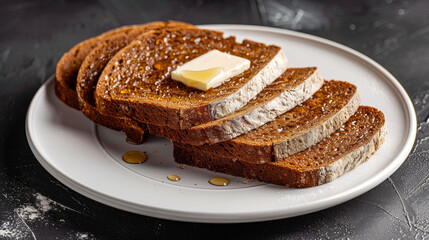 Authentic estonian black rye bread with honey and a melting butter pat on a white plate