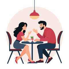 Happy couple resting  in the cafe and talk about something. Man and Woman  spending time together at coffee break.  Romantic evening,dating. Flat vector illustration isolated on white background