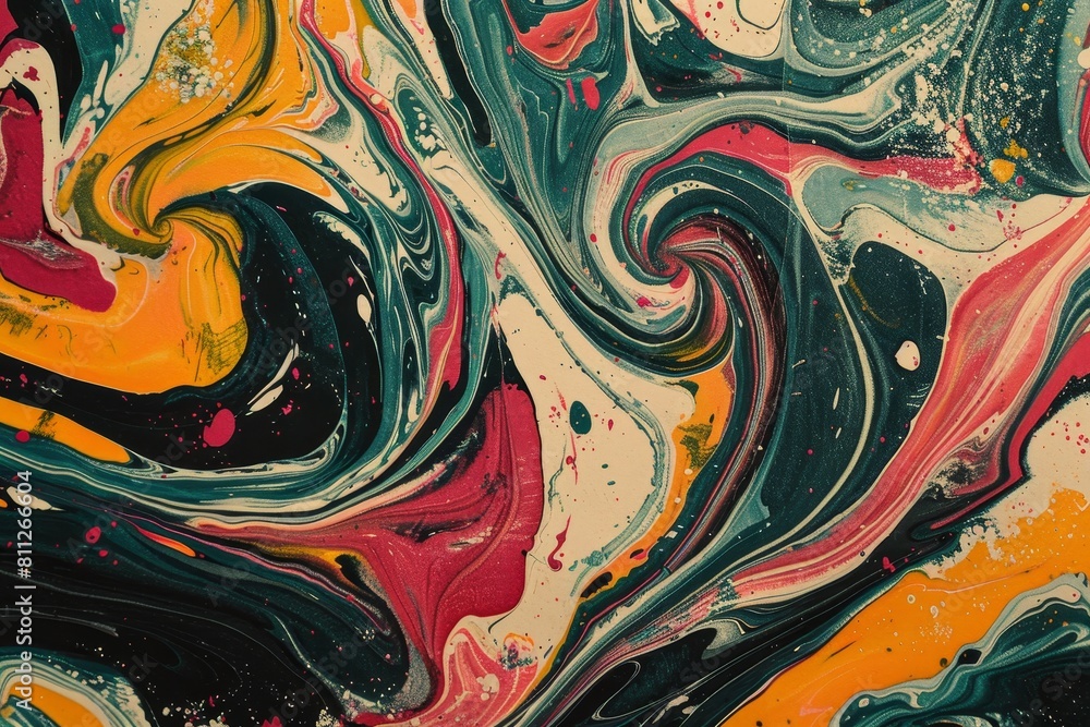 Poster a dynamic abstract painting featuring a mix of vibrant colors and unique shapes blending together in