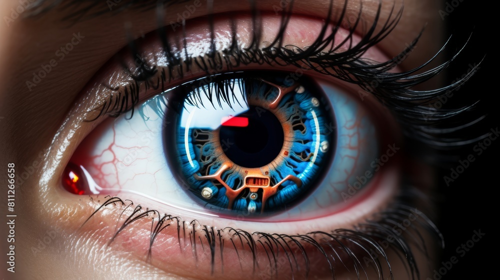 Poster cybernetic eye in dark tech setting, hacker or ai robot vision on digital background, close up view