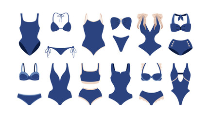 Summer beach bikini and swimsuits set. stylish women's lingerie and swimwear blue color. Collection sea resort vacation clothes. Summer Female clothing cute stickers. Vector flat illustration.