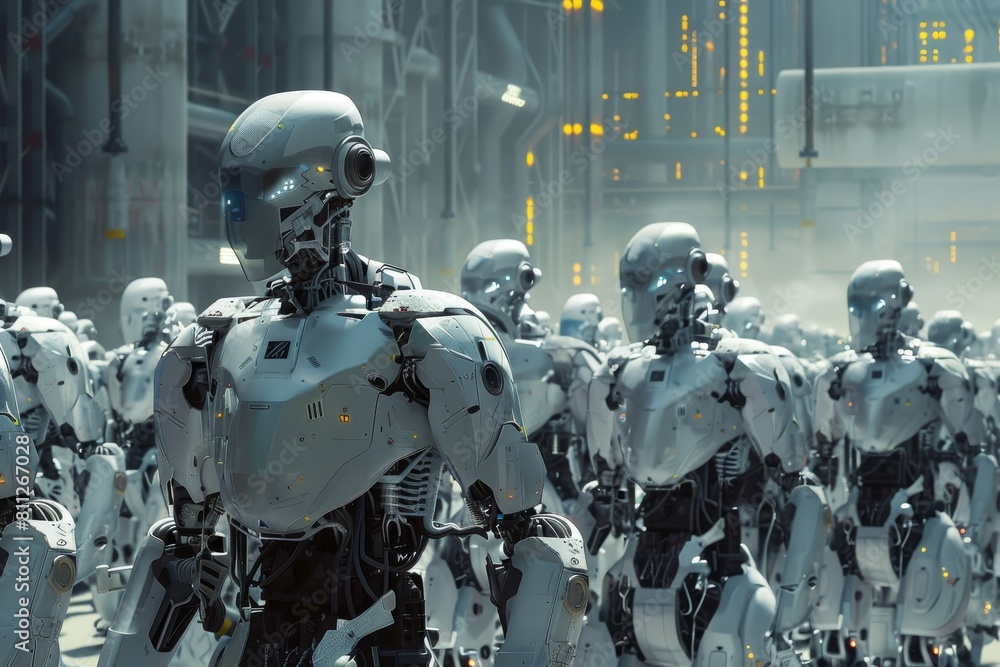 Poster a massive group of robots are moving down a street, a massive robot factory churning out androids an