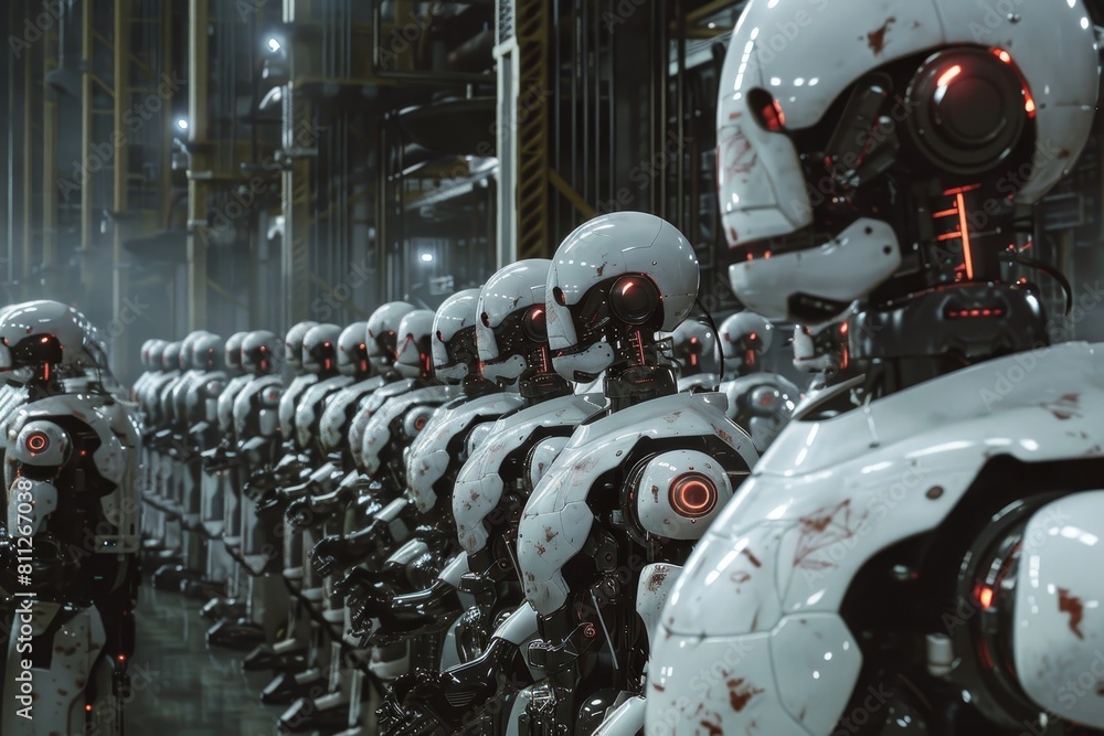 Poster a collection of robots standing side by side in a factory setting, a massive robot factory churning 