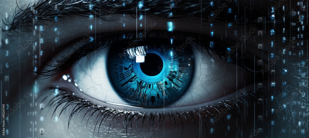 Aufkleber cyborg vision hacker or ai robot eye in dark tech space on digital background, close up view