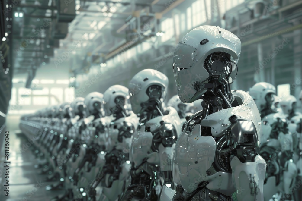 Poster a vast assembly line in a factory where numerous robots are neatly lined up for production, a massiv