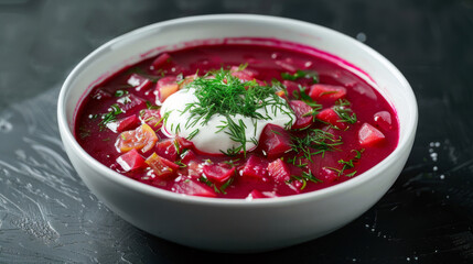 Estonian cuisine: a bowl of vibrant beetroot soup topped with fresh dill and a dollop of sour cream