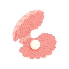 Pink open seashell with pearl. Treasure of sea and ocean isolated on white background. Summer beach accessory decorative element for jewelry brand, postcard. Vector flat illustration.