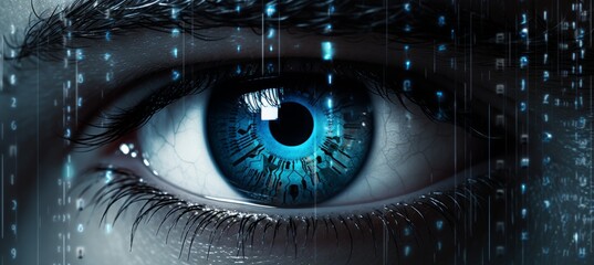 Cyborg vision  hacker or ai robot eye in dark tech space on digital background, close up view