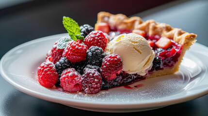 Delicious estonian dessert: a berry tart with vanilla ice cream and fresh berries on top, perfect for indulging in