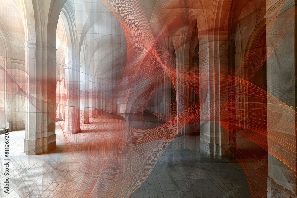 Poster abstract depiction of a building structure with columns and arches, a mathematical equation visualiz