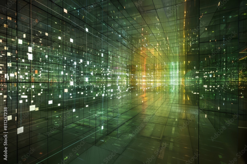 Poster a large room filled with numerous bright lights resembling a matrixlike grid, a matrix-like grid of 