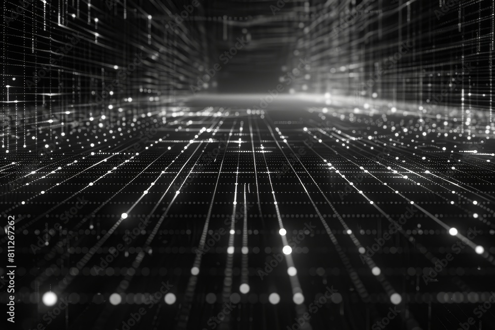 Poster a grid of matrix-like patterns in a black and white abstract background, a matrix-like grid of infor