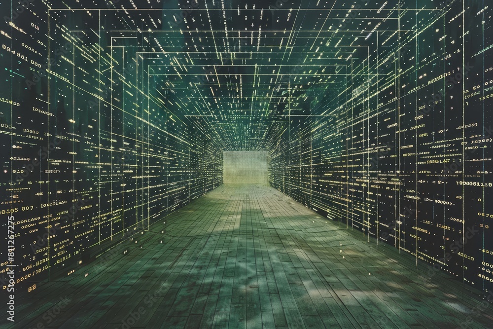 Poster a large room packed with numerous bright lights in a grid-like pattern, a matrix-like grid of inform