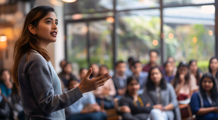 A young Indian woman is giving an elegant presentation in front of her team, standing confidently looking directly at them and engaging their attention during a work meeting or training session  - Powered by Adobe