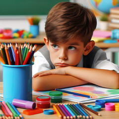 A boy who does not want to study in the classroom with a sad face