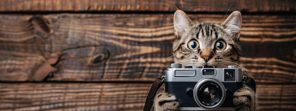 Cute cat holding old vintage camera on wooden background, space for text