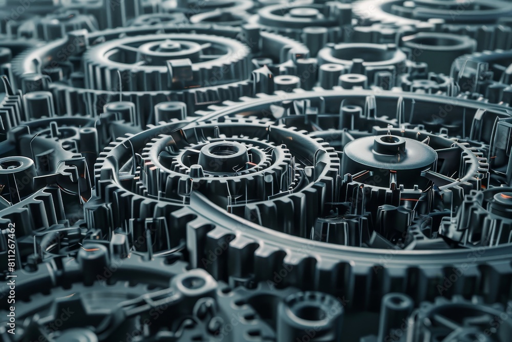 Poster close-up view of a complex arrangement of gears and cogs interlocked in a mechanical system, a maze 