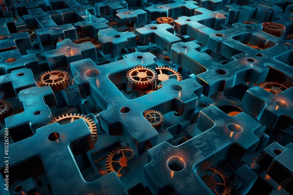 Poster multiple interconnected blue mazes with intricate gears and cogs scattered throughout, a maze of int