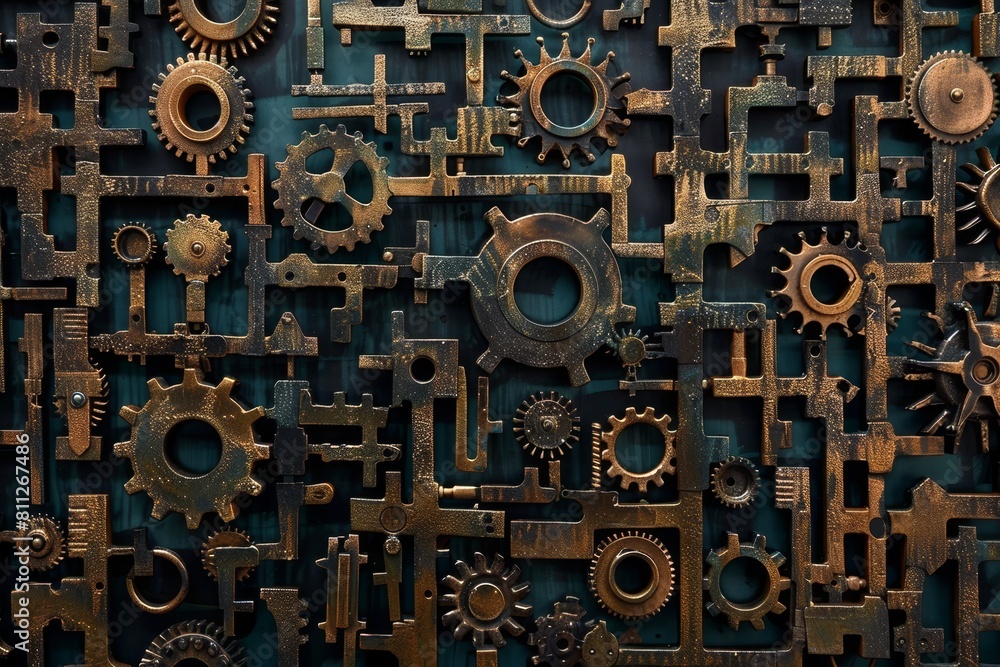 Poster close-up view of a bunch of gears intricately arranged on a wall, forming a complex maze-like patter