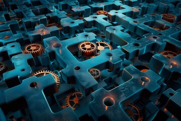 Multiple interconnected blue mazes with intricate gears and cogs scattered throughout, A maze of interconnected gears and cogs in various sizes and shapes