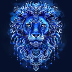 Obraz premium The mystical blue design features the Leo with intricate patterns and mandalas in an artistic illustration depicting the signs of the zodiac, Leo.