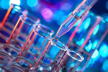 Obraz premium A pipette and test tubes are placed in the background of the laboratory room, creating an atmosphere of scientific research and experiments. Microscopic details and precise settings are displayed, whi