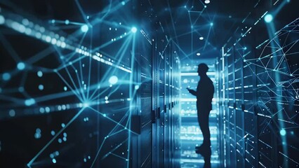 Technician Managing Server Data Center with Blue Neon Lights - Powered by Adobe