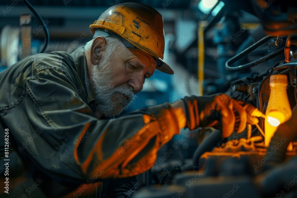 Aufkleber a mechanic is inspecting the oil level in the engine of a machine in a factory setting, a mechanic i