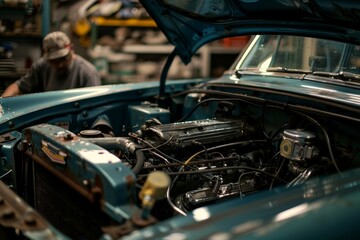 Fototapeta premium A mechanic inspecting the oil level in the engine of a car inside a garage, A mechanic inspecting the oil level in the engine