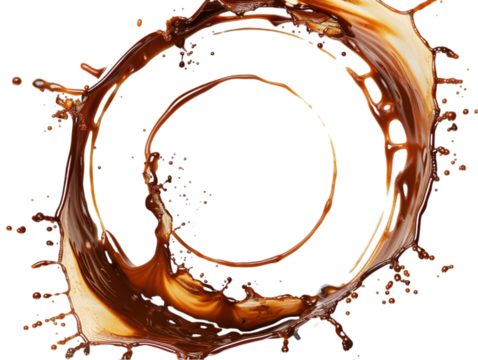 A circle of swirling, splashing up and away caramel and chocolate isolated on transparent background. 