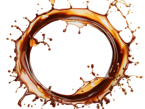 A circle of swirling, splashing up and away caramel and chocolate isolated on transparent background. 