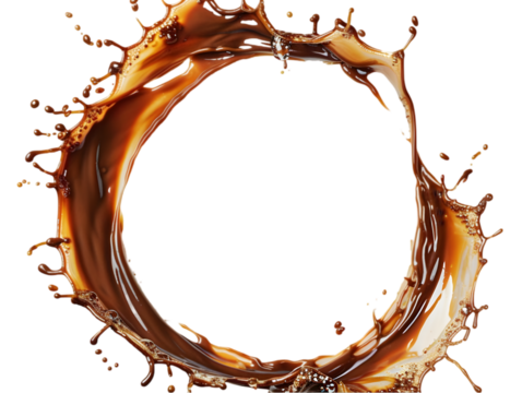 A circle of swirling, splashing up and away caramel and chocolate isolated on transparent background. 