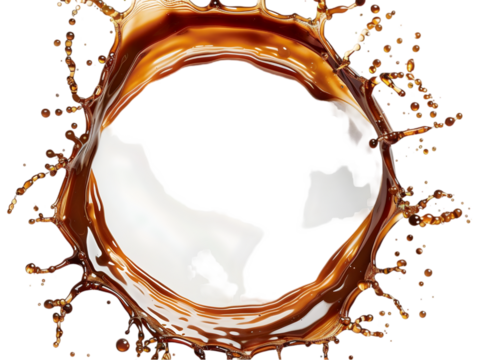 A circle of swirling, splashing up and away caramel and chocolate isolated on transparent background. 