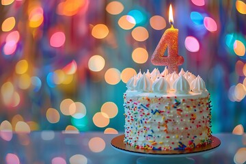 Sweet Birthday cake with number 4 on top on colorful bokeh background, 4th years old happy birthday Cake, copy space