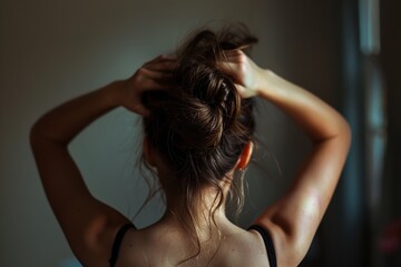 Obraz premium Woman tying her hair using band. Back view