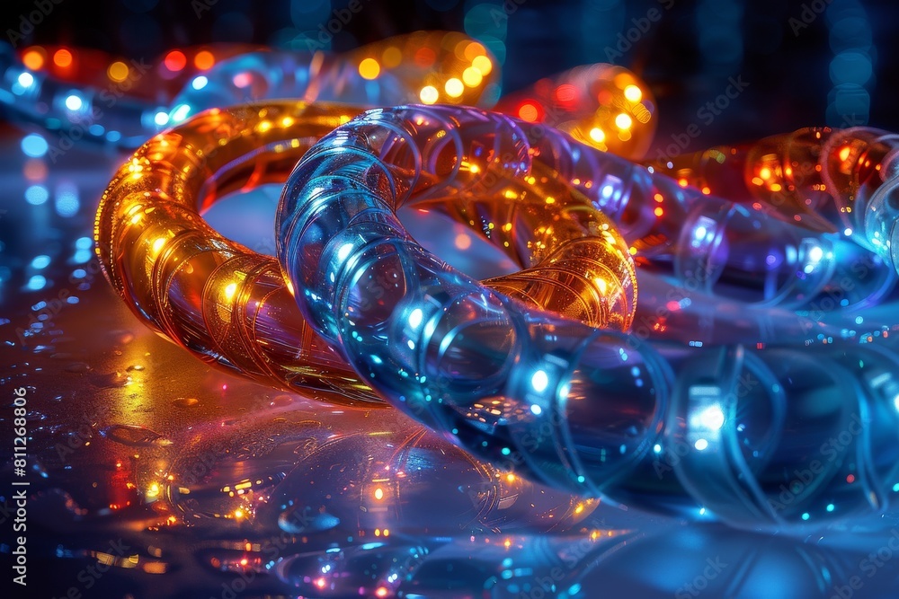Poster an array of glowing led light spirals laying on a reflective surface, creating a sense of energy and