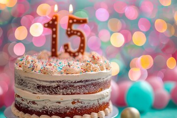 Sweet Birthday cake with number 15 on top on colorful bokeh background, 15th years old happy birthday Cake, copy space