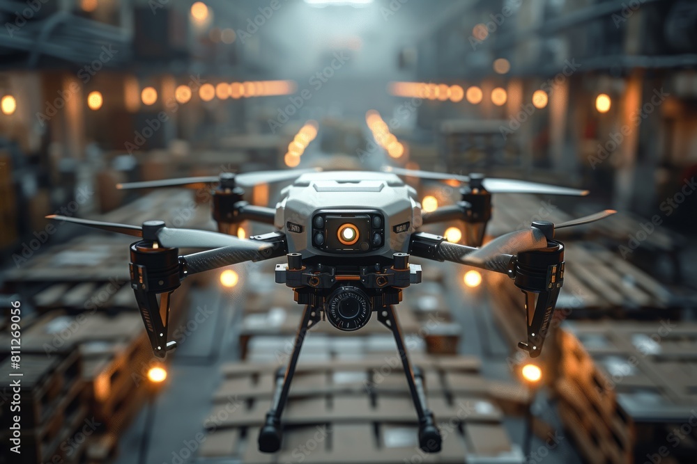 Poster A high-resolution image showcasing a professional drone equipped with a camera, hovering inside a complex industrial setting
