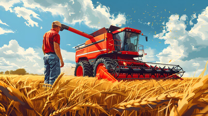 Fototapeta premium A farmer is buying a new combine harvester for agribusiness.