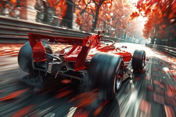Fototapeta premium An intense and dynamic image of a red formula racing car speeding down a track surrounded by autumn trees, capturing speed and competition