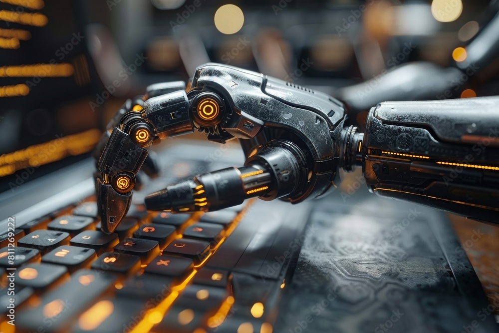 Poster a highly detailed robotic hand interacts with a futuristic backlit keyboard, illustrating advanced t