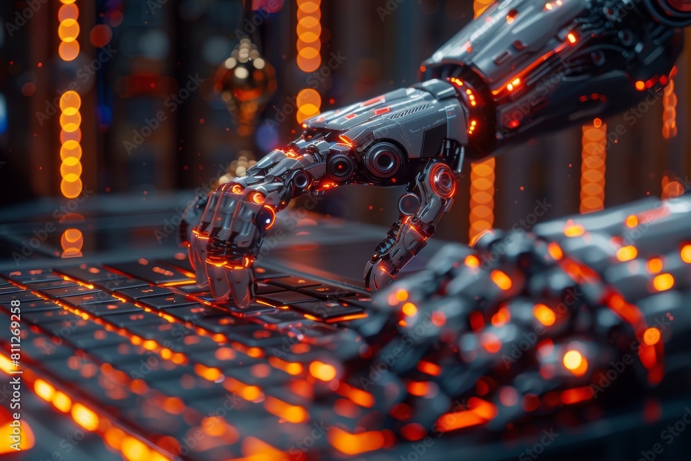 Poster a robotic claw illuminates a keyboard with its touch, signaling high-tech cybernetic advancements in
