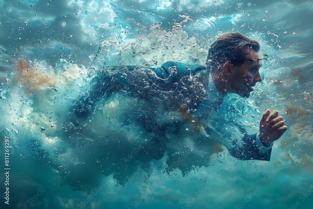 Poster an athlete glides underwater with dynamic motion, showcasing the intensity and focus required in com