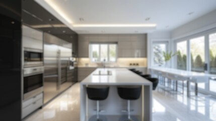 A deliberately blurred image showcasing a spacious, modern kitchen interior, ideal for background...