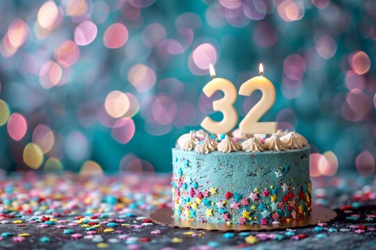 Sweet Birthday cake with number 32 on top on colorful bokeh background, 32th years old happy birthday Cake, copy space