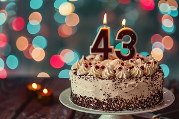 Sweet Birthday cake with number 43 on top on colorful bokeh background, 43th years old happy birthday Cake, copy space
