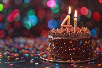 Sweet Birthday cake with number 41 on top on colorful bokeh background, 41th years old happy birthday Cake, copy space
