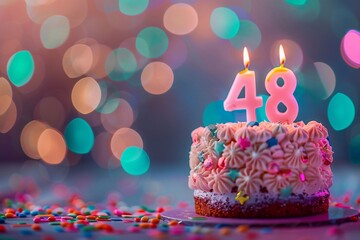 Sweet Birthday cake with number 48 on top on colorful bokeh background, 48th years old happy birthday Cake, copy space,