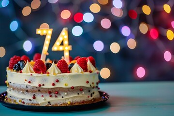 Sweet Birthday cake with number 74 on top on colorful bokeh background, 74th years old happy birthday Cake, copy space