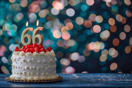 Sweet Birthday cake with number 66 on top on colorful bokeh background, 66th years old happy birthday Cake, copy space
